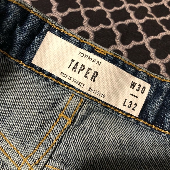 TOPMAN Mens Denim Blue Taper Distressed Jeans Sz 30 X 32 Button Fly - Picture 7 of 9